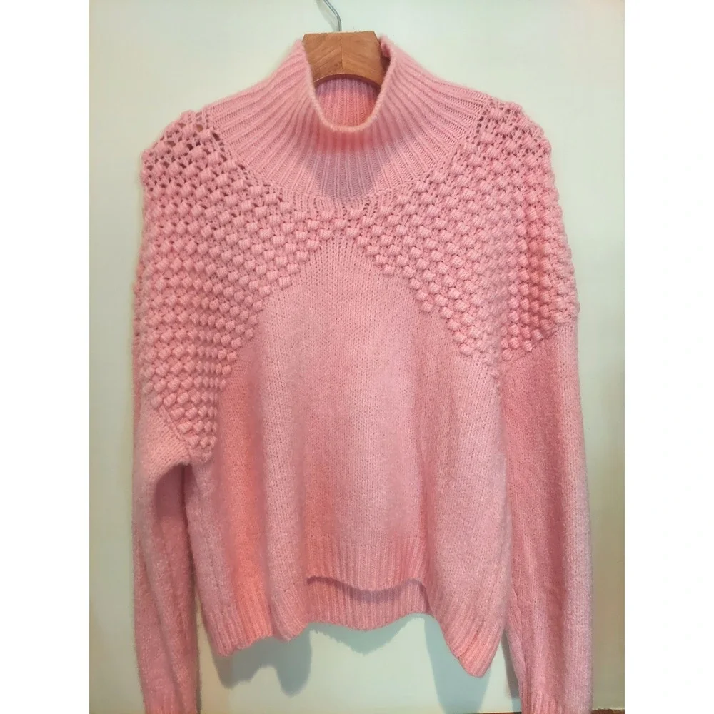 Free People Pink Popcorn Boho Knit Mock Neck Coquette Chunky Sweater Womens L